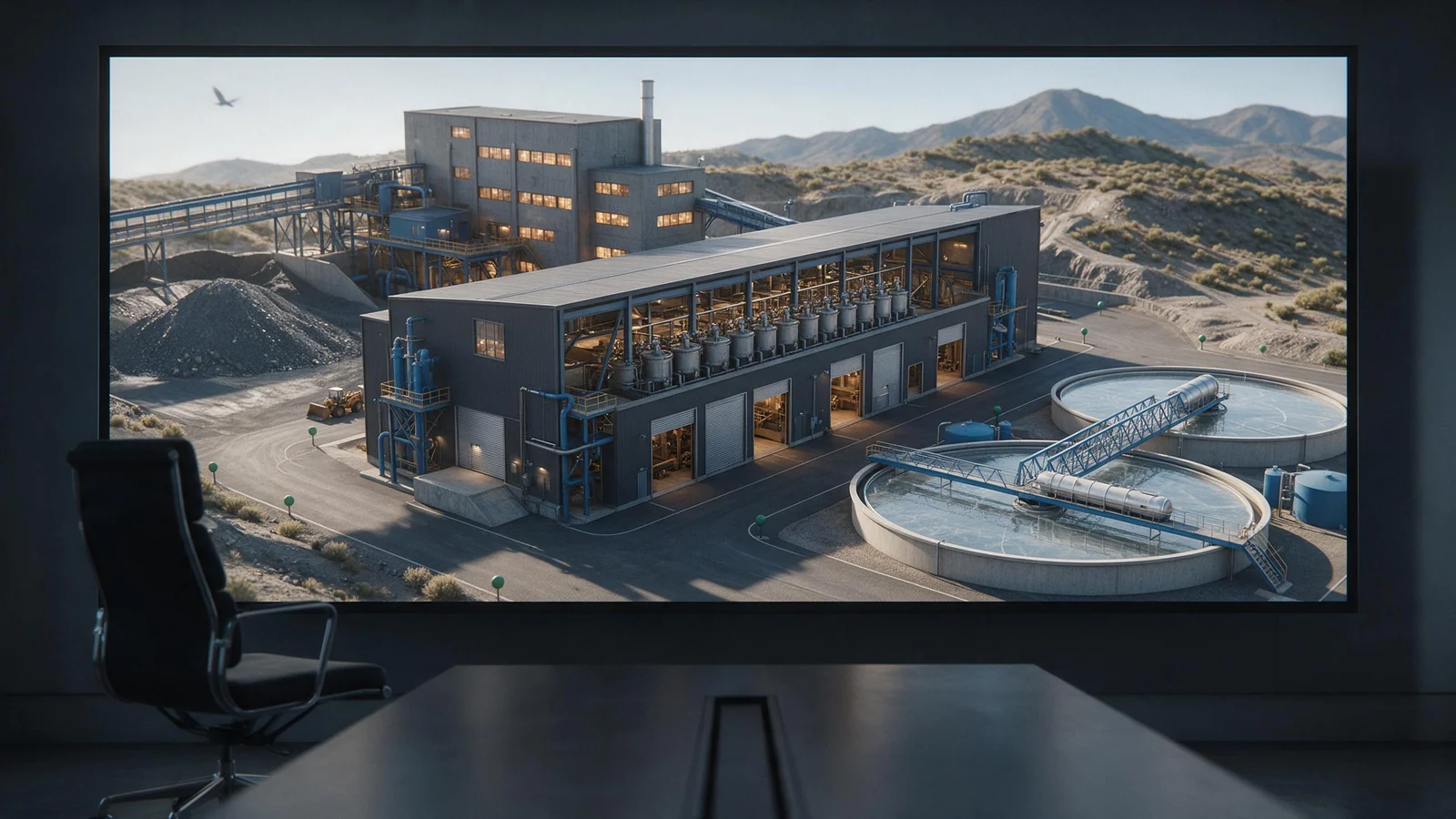 An isometric 3D model of a concentrator plant on a large screen: crushing