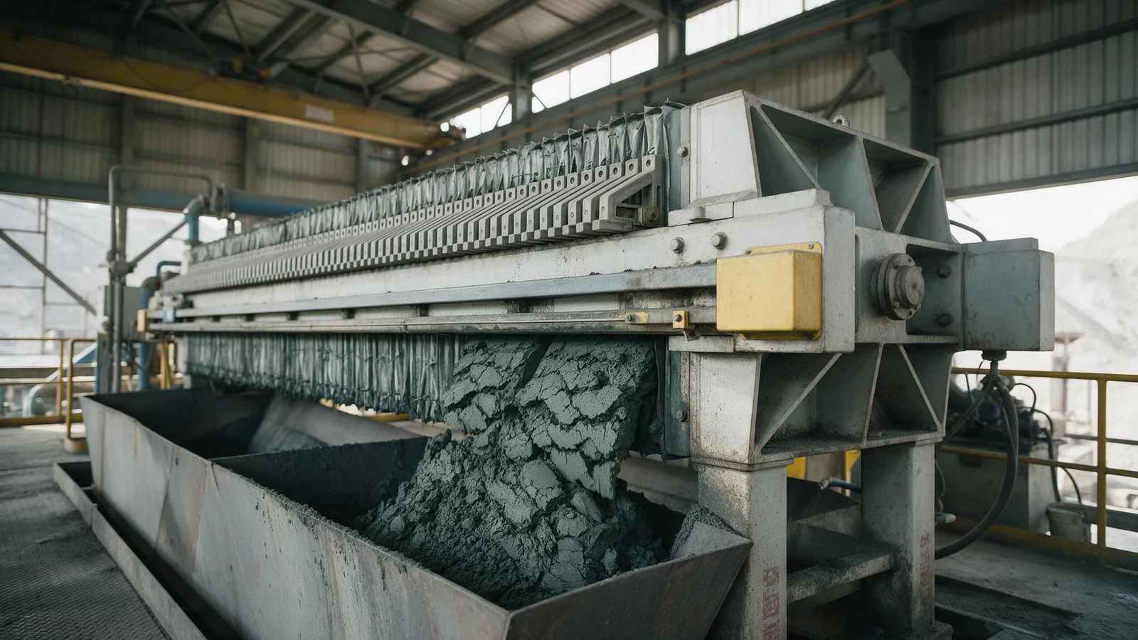 Filtered copper concentrate discharging from a plant filter press