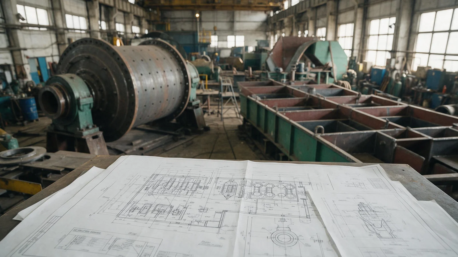 Engineers' drawings of a concentrator layout on a table in front of a heavy equipment workshop where a ball mill shell and flotation cells are being fabricated
