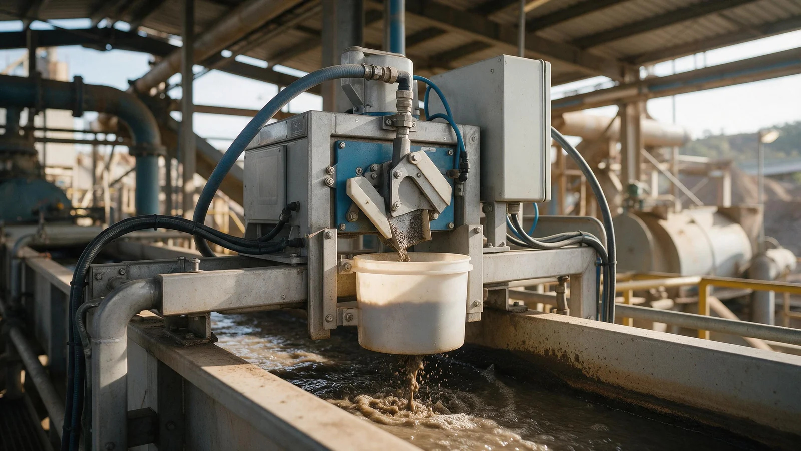 Cross-stream automatic sampler on a slurry launder in a concentrator